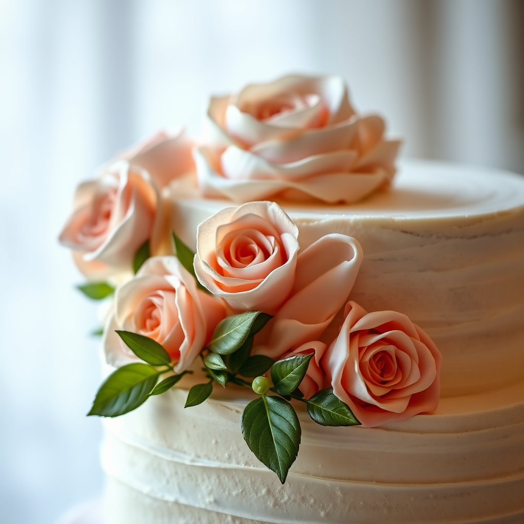 A close-up shot of a beautifully decorated wedding cake, with intricate details and elegant floral accents. Soft, romantic lighting enhances the cake's beauty. The background should be blurred to emphasize the cake's artistry. 4K resolution, photorealistic.