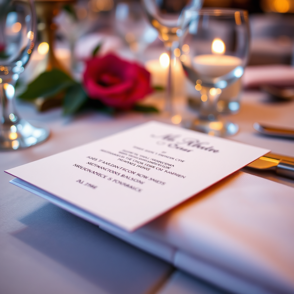 A close-up shot of a personalized detail at an event, such as a custom-designed invitation, a monogrammed napkin, or a unique centerpiece. The detail should be elegant and sophisticated, reflecting the event's overall theme. Soft lighting, shallow depth of field, 4K, photorealistic.
