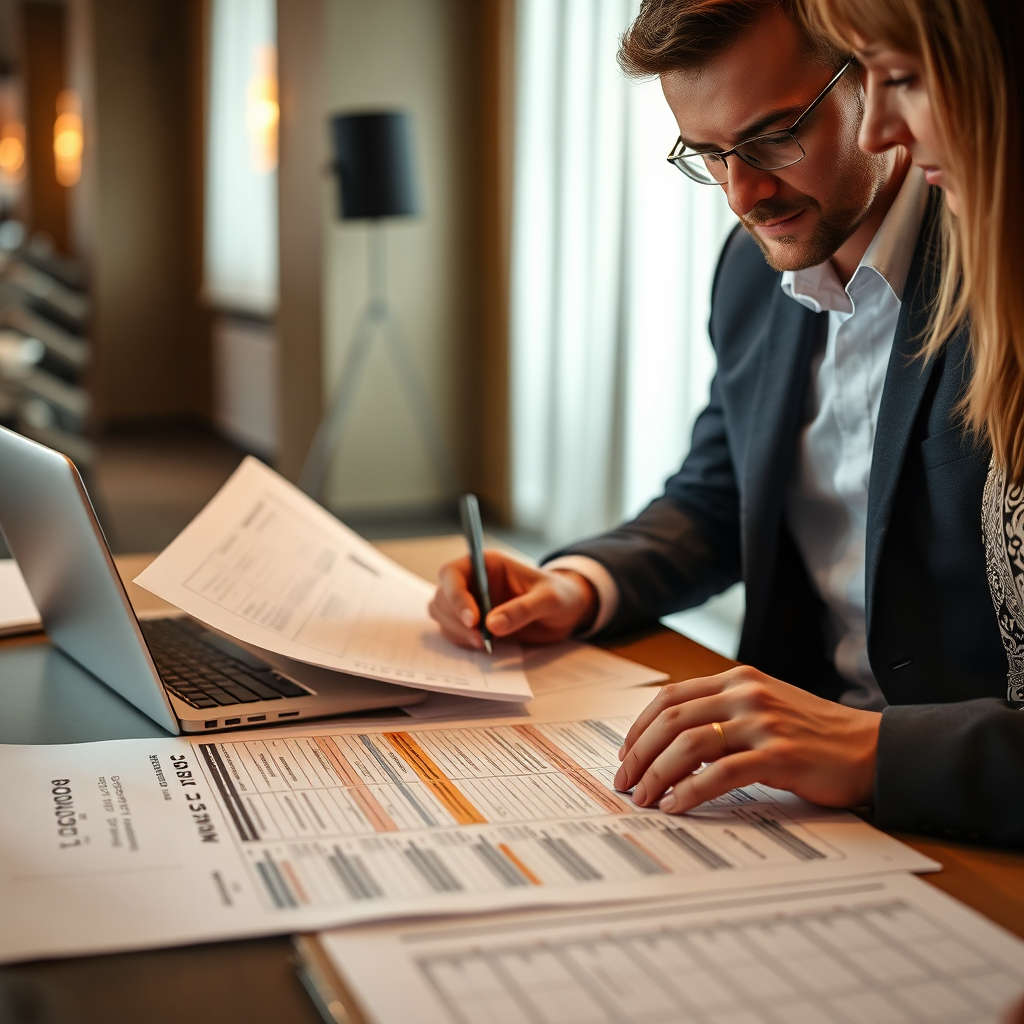 A close-up shot of two event planners collaborating over a detailed event timeline, using laptops and physical planning documents. The scene should emphasize teamwork and shared expertise in managing specific tasks. Warm, focused lighting. 4k, photorealistic.