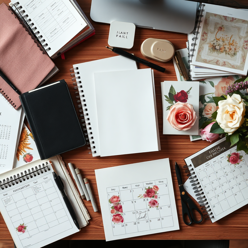 A detailed, overhead shot of an event planner's desk, covered with various planning tools: notebooks, fabric swatches, floral arrangement samples, and a calendar. The image should convey a sense of organization, creativity, and meticulous planning. The lighting is soft and diffused. Focus is on the array of tools and materials. 4k, photorealistic.