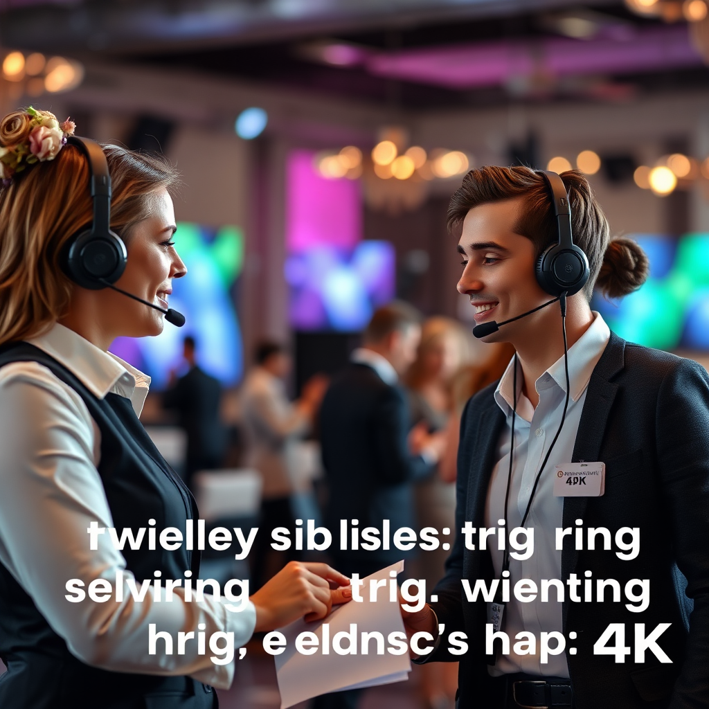 A dynamic image showing event planners communicating effectively via headsets during the setup of a large event. They are coordinating various tasks, such as floral arrangements, lighting, and sound checks. The image should convey a sense of teamwork and efficient communication. Action shot, slightly blurred background, natural lighting. 4K, photorealistic.