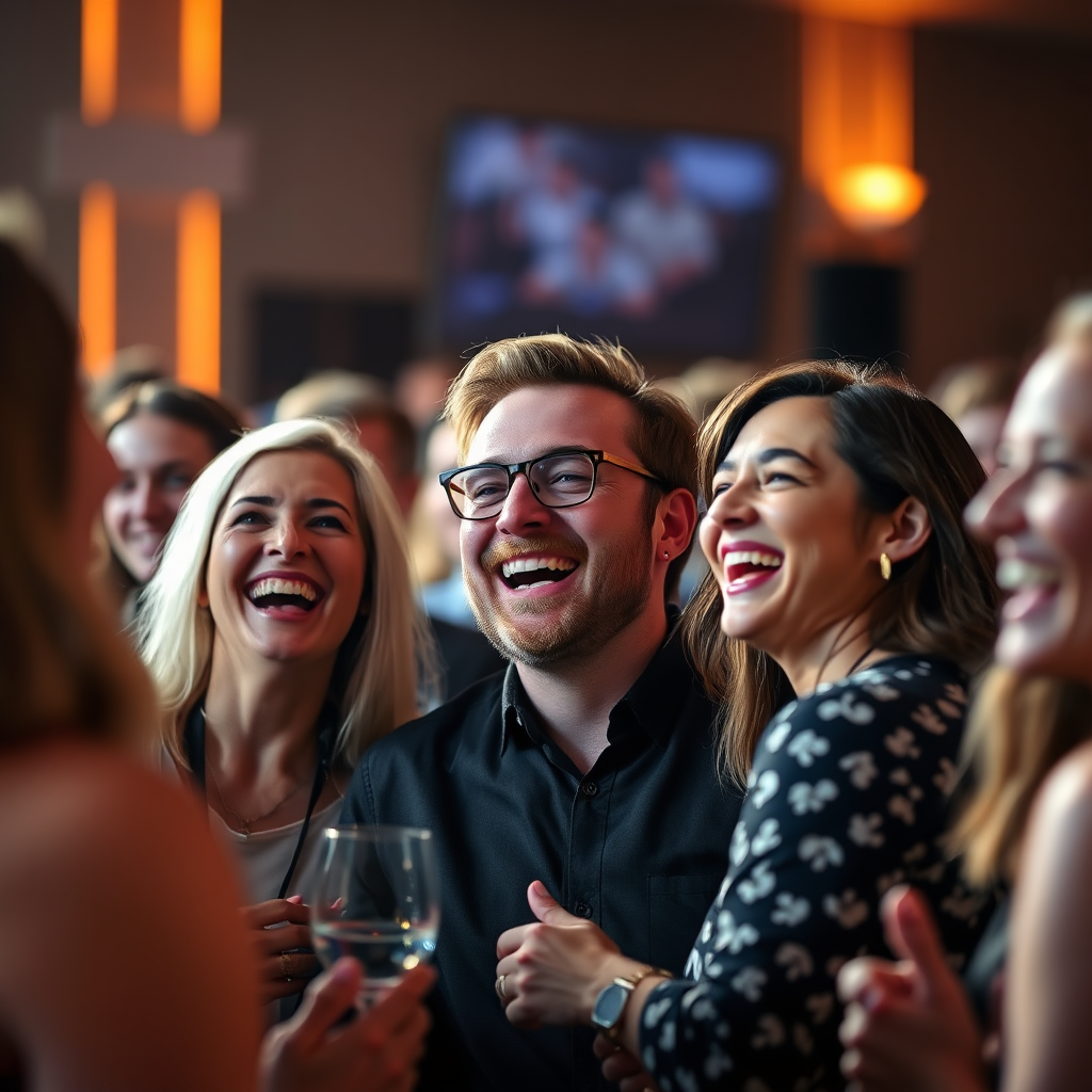A group of happy guests laughing and smiling at an event, capturing a candid moment of joy and connection. The lighting should be warm and inviting, highlighting the genuine emotions on their faces. The image should convey a sense of happiness and celebration. Medium shot, shallow depth of field, 4K, photorealistic.