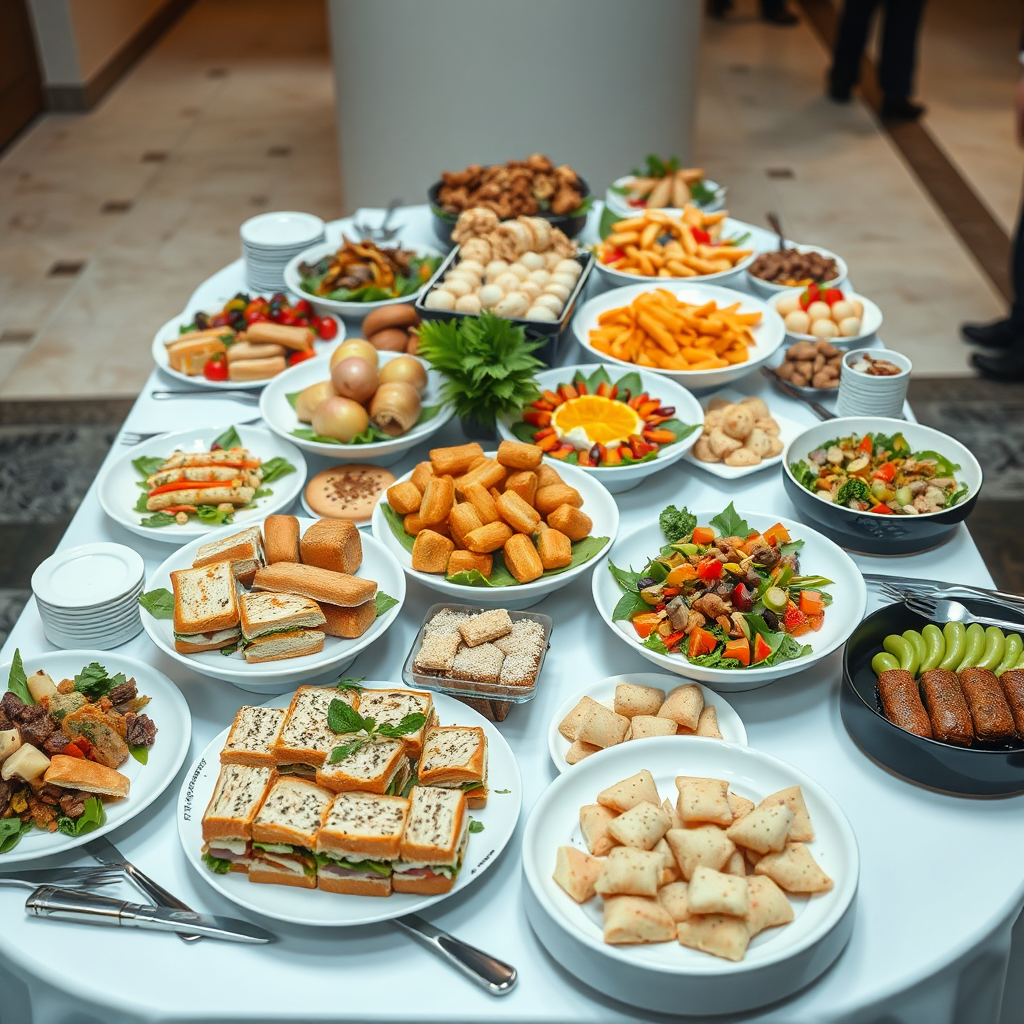 A high-angle shot of a beautifully arranged buffet spread at a corporate event. Include a variety of dishes, such as gourmet sandwiches, salads, and pastries. The setting should be professional and modern, with clean lines and neutral colors. 4K resolution, photorealistic.