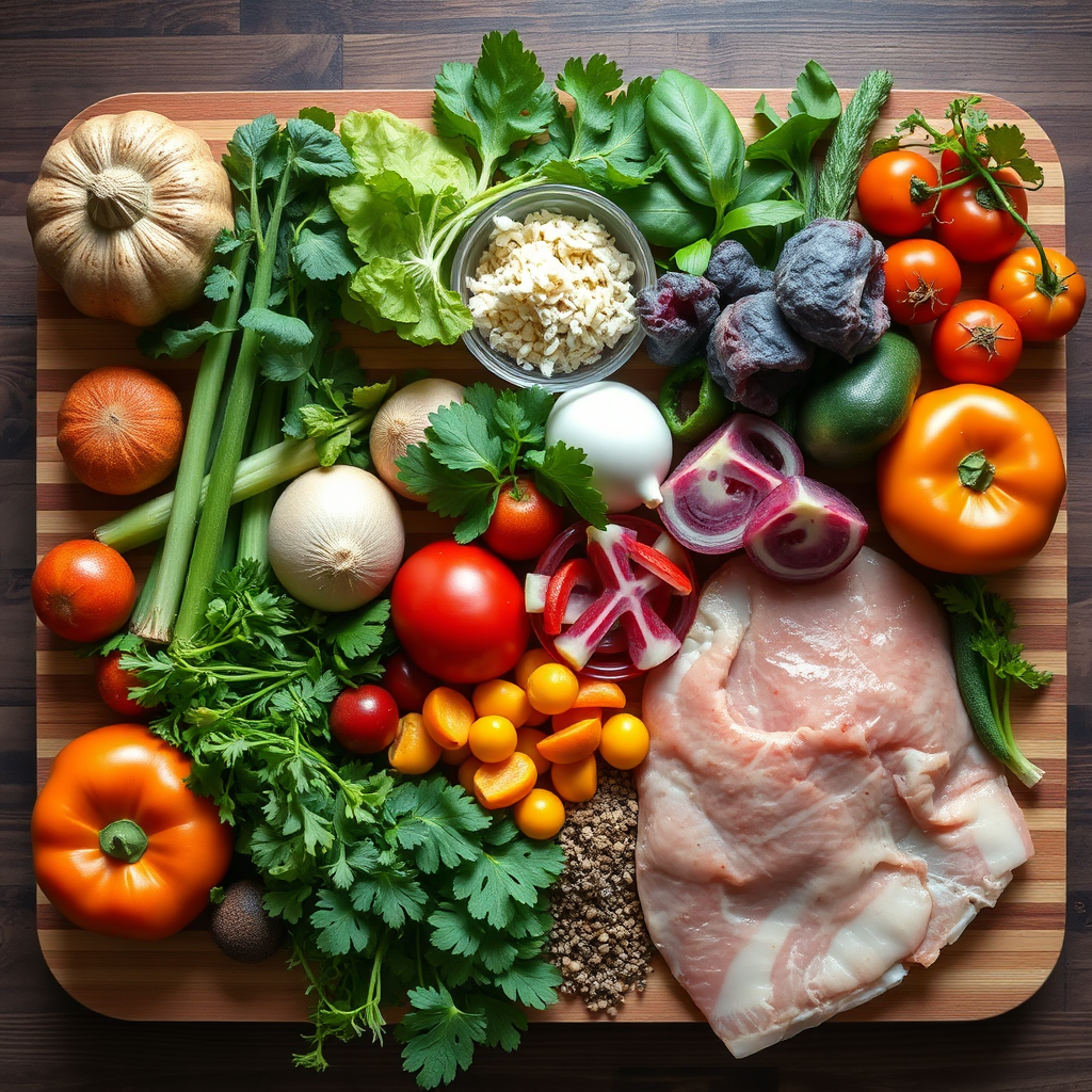A high-angle shot of a variety of colorful, fresh ingredients arranged on a wooden cutting board. Include fruits, vegetables, herbs, spices, and proteins. The arrangement should convey a sense of abundance and customization. Soft, natural lighting enhances the vibrant colors. 4K resolution, photorealistic.