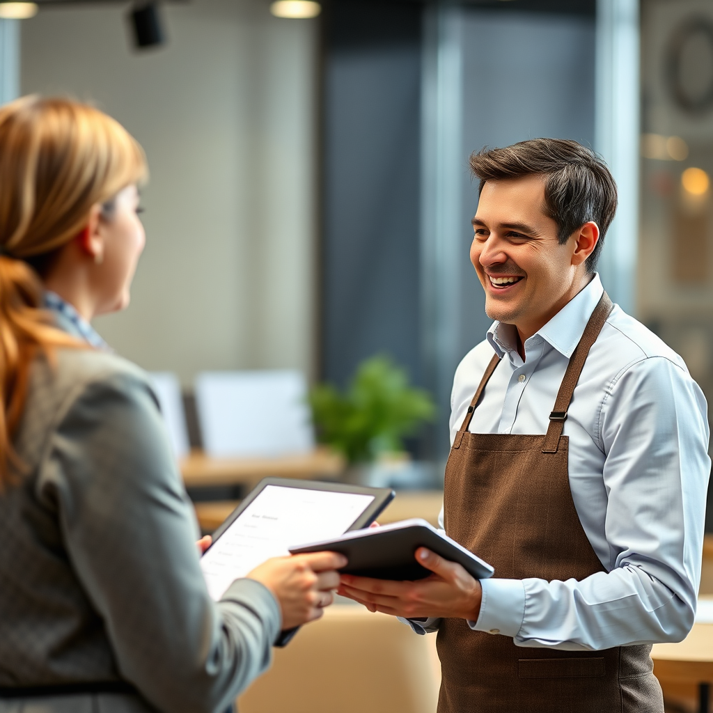 A medium shot depicting a catering consultant in a professional setting, smiling and engaged in a conversation with a client. The consultant is holding a menu or a tablet displaying catering options. The background should suggest an office or event planning environment. 4K resolution, photorealistic.
