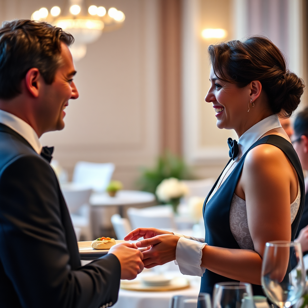A medium shot depicting a friendly and professional catering server attentively serving a guest at a formal event. The server is smiling and engaging with the guest, creating a warm and welcoming atmosphere. Soft, flattering lighting enhances the scene. The background should suggest an elegant event setting, like a wedding reception or corporate gala. 4K resolution, photorealistic.