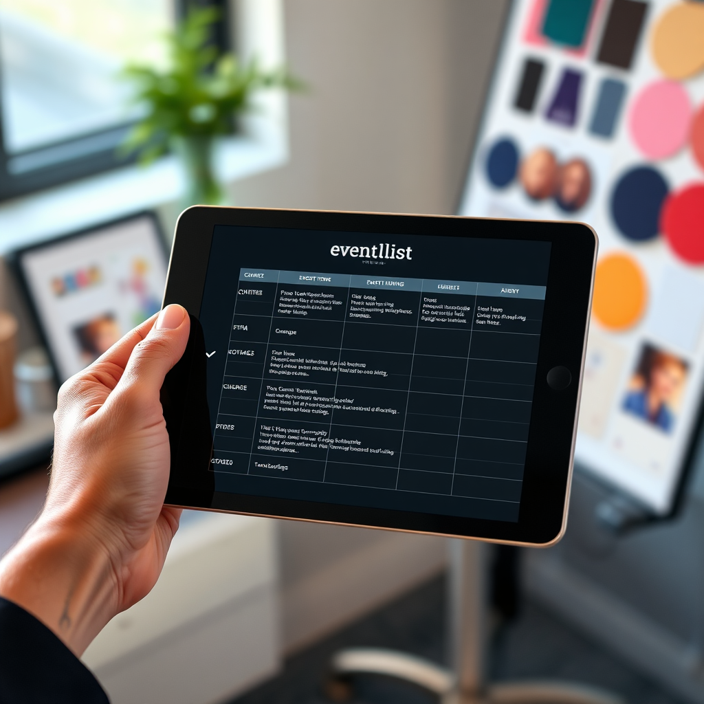 A photorealistic image showcasing a detailed event timeline or checklist on a digital tablet, held by a person in a professional setting. Soft, natural lighting illuminates the tablet screen. The background should subtly suggest an event planning environment, like a desk with swatches or a mood board. The focus is on the tablet's display and the hand holding it, conveying organization and meticulous planning. 4K resolution, high detail.