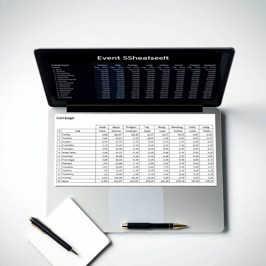 A sleek, modern laptop displaying a detailed event budget spreadsheet. The spreadsheet should be visually appealing and easy to understand, with clear categories and figures. Place a stylish pen and a notebook beside the laptop. The scene should represent careful financial planning and organization. Sharp focus, neutral color palette, overhead shot. 4K, photorealistic.