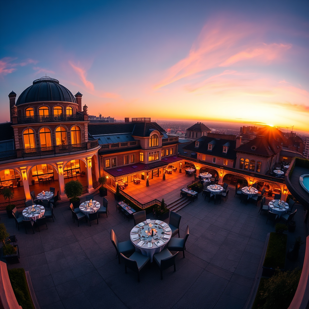 A stunning panoramic view of a luxury event venue during the golden hour. The venue could be a rooftop terrace, a historic mansion, or a modern art gallery. The lighting should be warm and inviting, highlighting the venue's unique architectural features. The image should convey a sense of elegance and sophistication. Wide-angle shot, warm color palette, 4K, photorealistic.