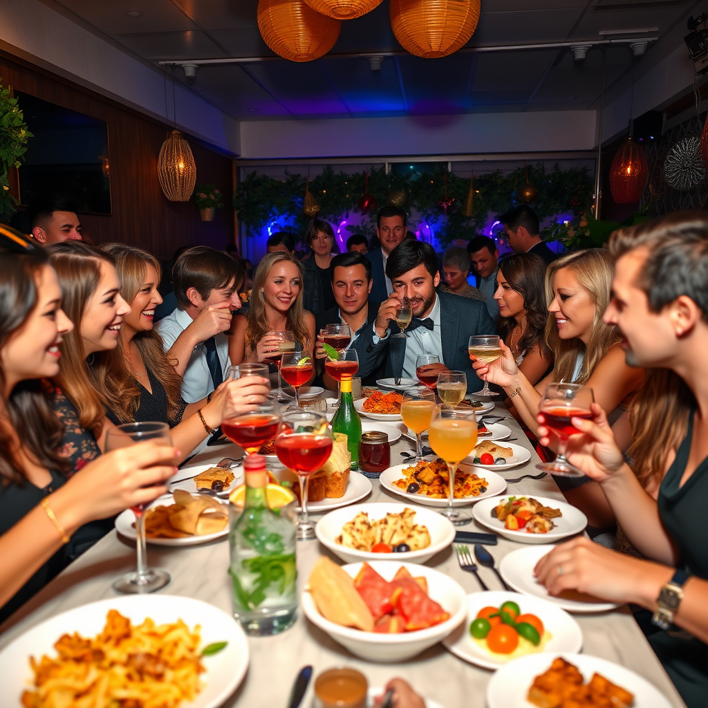 A vibrant and energetic scene of guests enjoying food and drinks at a private party. Include a variety of appetizers, cocktails, and desserts. The setting should be festive and inviting, with colorful decorations and lively music. 4K resolution, photorealistic.