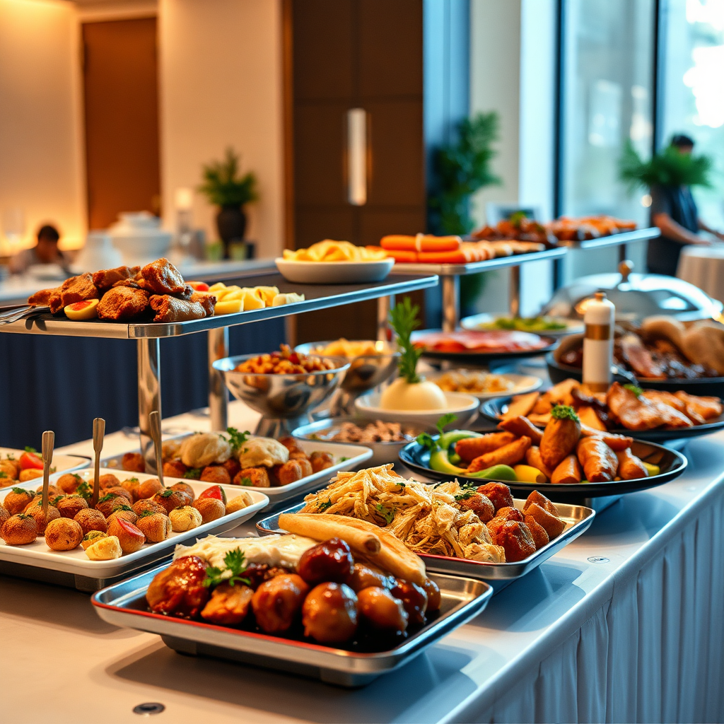 A vibrant image showcasing a diverse range of catered food options, from elegant appetizers to hearty main courses, arranged on a buffet table. The setting is a modern event space with soft, ambient lighting. The composition emphasizes the quality and variety of the food, appealing to a wide range of tastes. 4k resolution, photorealistic.