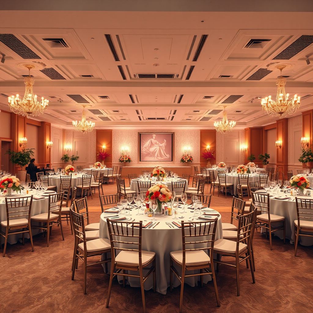 A wide-angle shot of a beautifully decorated event space, showcasing elegantly set tables, chairs, linens, and floral centerpieces. The setting is warm and inviting, conveying a sense of sophistication and attention to detail. Soft, ambient lighting enhances the atmosphere. 4k resolution, photorealistic.