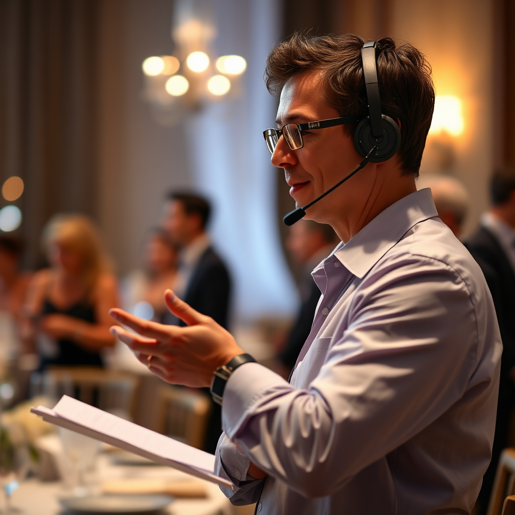 An event planner using a headset, calmly directing staff and overseeing the final preparations at a wedding reception. The atmosphere should be professional and focused, with the planner as the calm center amidst the activity. Natural lighting, slightly blurred background to convey movement. 4k, photorealistic.