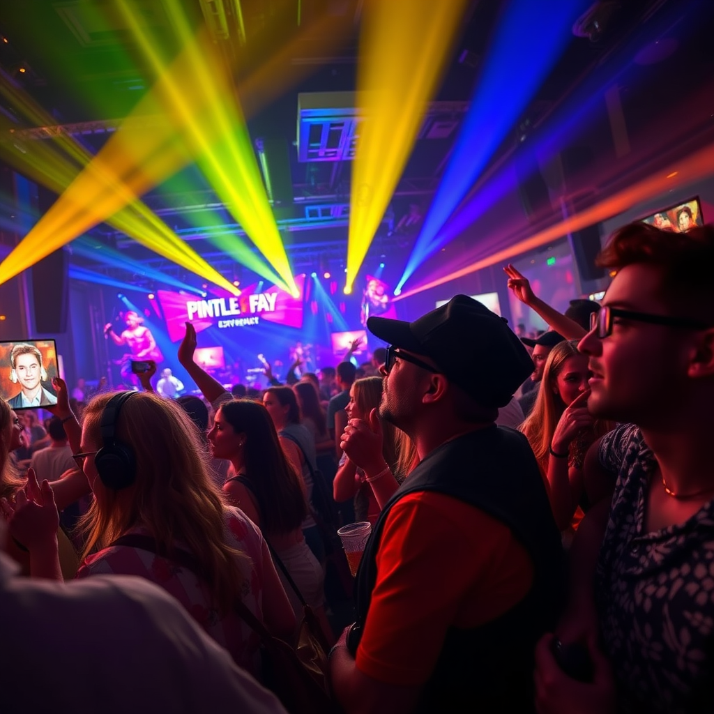 An image showcasing guests enjoying a fully immersive event experience, such as a themed party or a live performance. Focus on capturing the excitement and energy of the event. Dynamic composition, vibrant colors, wide-angle shot. 4K, photorealistic.