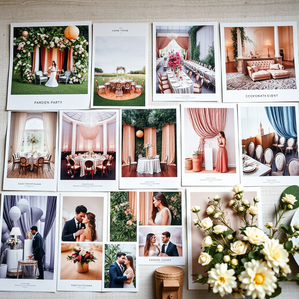 Imagine a stylish mood board filled with inspiring images representing various event themes (garden party, gala, corporate event). Include fabric swatches, color palettes, and sample floral arrangements. The image should convey a sense of inspiration and creative possibilities, hinting at the initial stages of event planning. Soft, diffused lighting, pastel color palette, close-up shot. 4K, photorealistic.