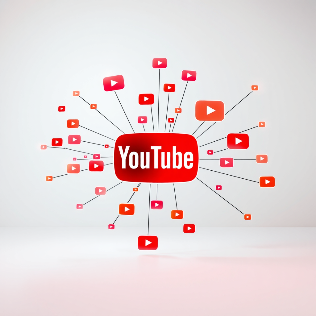Create a photorealistic image representing the essence of "My Youtube Channels" and the company's mission. The central subject is a stylized, interconnected network of YouTube video thumbnails, icons, and play buttons, forming a dynamic and visually appealing abstract shape. The lighting is bright and energetic, with beams of light connecting the different elements. The color palette consists of a spectrum of vibrant colors, reflecting the diversity of content on YouTube. The camera angle is a slightly elevated perspective, showcasing the complexity and interconnectedness of the network. Texture details are smooth and glossy, giving the image a modern and tech-savvy feel. The environment is a clean, white space, allowing the network to stand out. Props include subtle lines representing data flow and connection. The style is modern and minimalist, inspired by contemporary tech infographics. The image should be in 4K resolution and high quality.