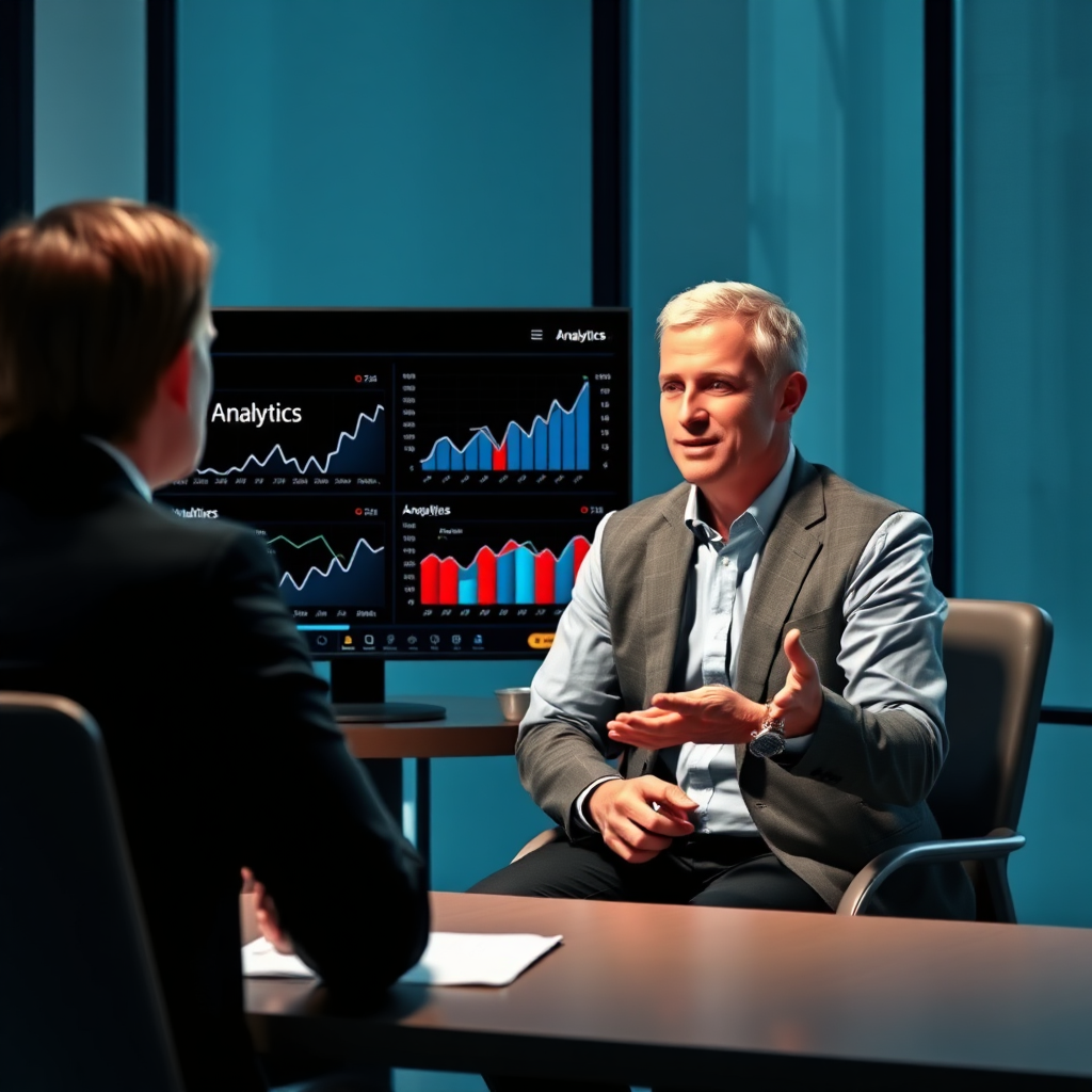 Create an image showing a person receiving advice from a consultant, with YouTube analytics charts displayed in the background. The scene should convey expertise and guidance, using a modern and professional color palette.