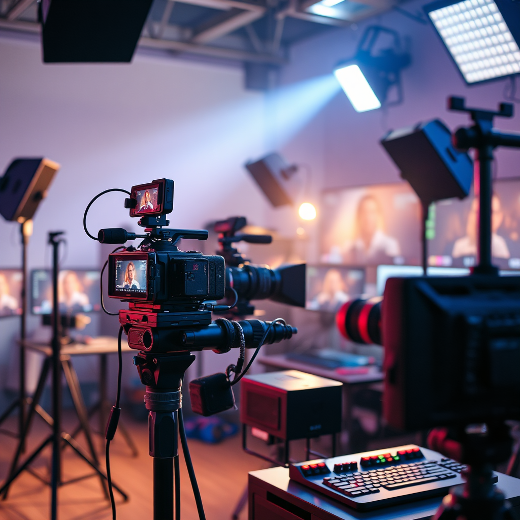 Create an image of a professional video production setup, including cameras, lighting, and editing software. The scene should convey high-quality production values and technical expertise, using a vibrant and engaging color palette.