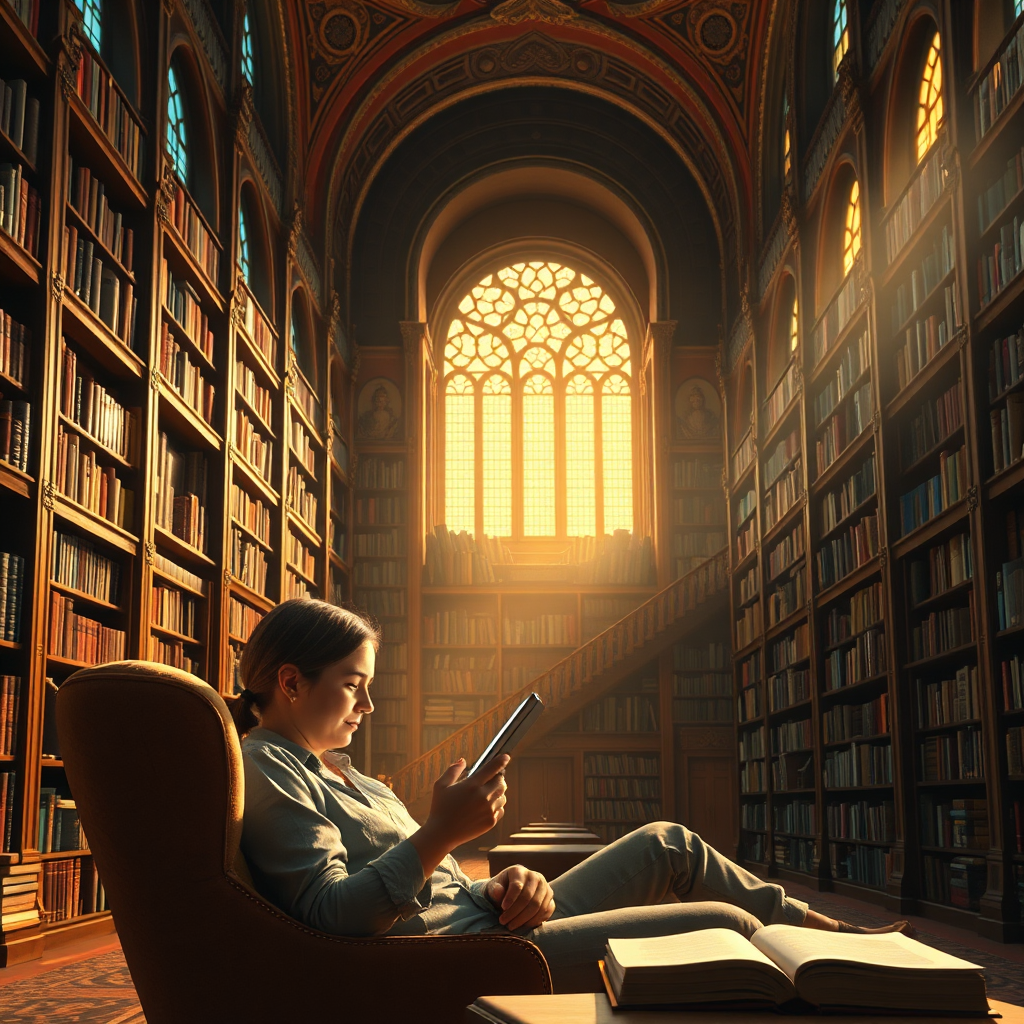 A breathtaking, hyperrealistic header image for JULION Jutta Arntz's Ebook Shop. Imagine a grand, ornate library, bathed in the warm, inviting glow of soft, diffused sunlight filtering through tall, arched windows. In the foreground, a person is comfortably seated in a plush armchair, engrossed in reading an ebook on a sleek tablet. The tablet screen emits a gentle, realistic light, illuminating their face with a look of serene enjoyment. Bookshelves filled with countless ebooks (represented visually as abstract, glowing shapes) stretch into the distance, creating a sense of vastness and endless possibilities. The color palette is dominated by warm earth tones – browns, golds, and deep reds – with accents of vibrant blues and greens from the ebook covers. Capture the intricate details of the leather-bound books, the texture of the wooden shelves, and the subtle play of light and shadow across the scene. The camera angle should be slightly low, looking up to emphasize the scale and grandeur of the library. Style references: elements of Art Nouveau blended with modern digital aesthetics. 8K resolution, hyperrealistic rendering.