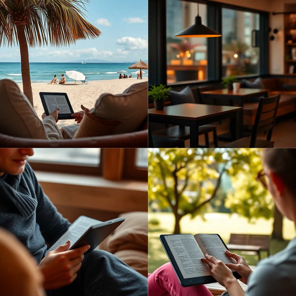 A comfortable scene showing someone reading on a tablet in different locations such as a beach, a cafe, and a park, highlighting the convenience of ebook reading. The scene is warm and inviting, with natural lighting and relaxing surroundings. 4k resolution
