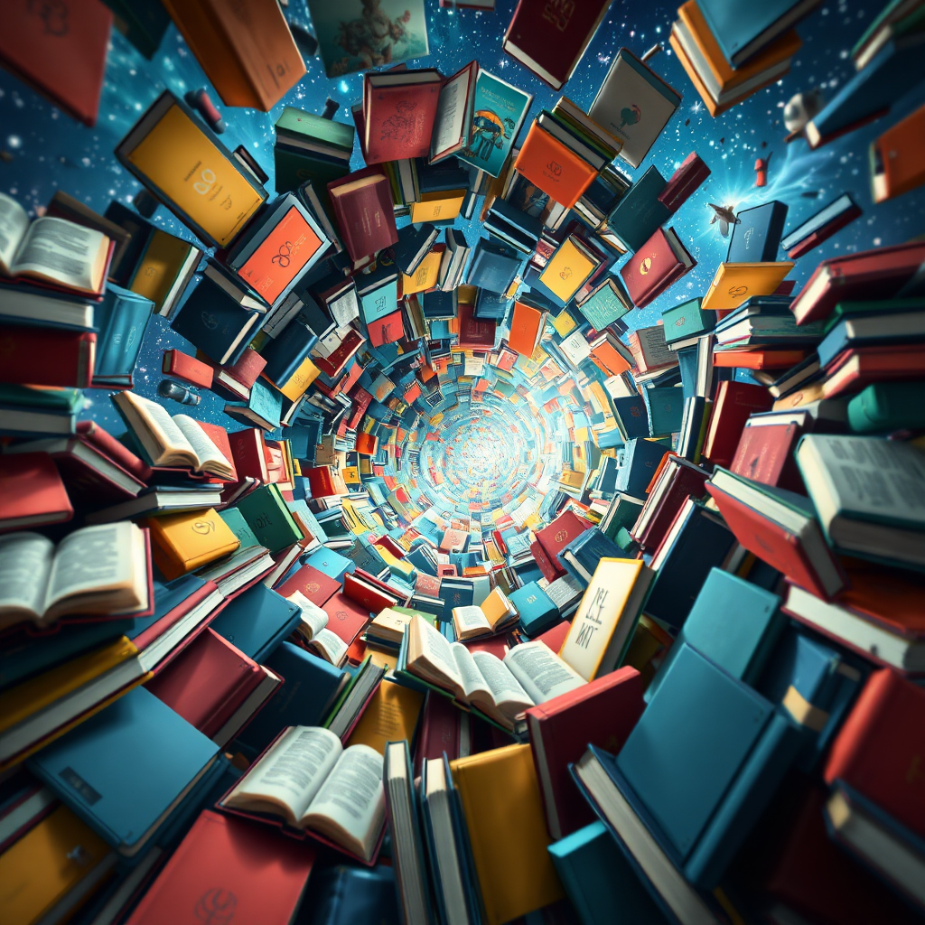 A fantastical depiction of a swirling vortex of ebook covers, drawing the viewer into a world of diverse literary possibilities. The scene is colorful and imaginative, emphasizing the sheer variety of available ebooks. 4k resolution
