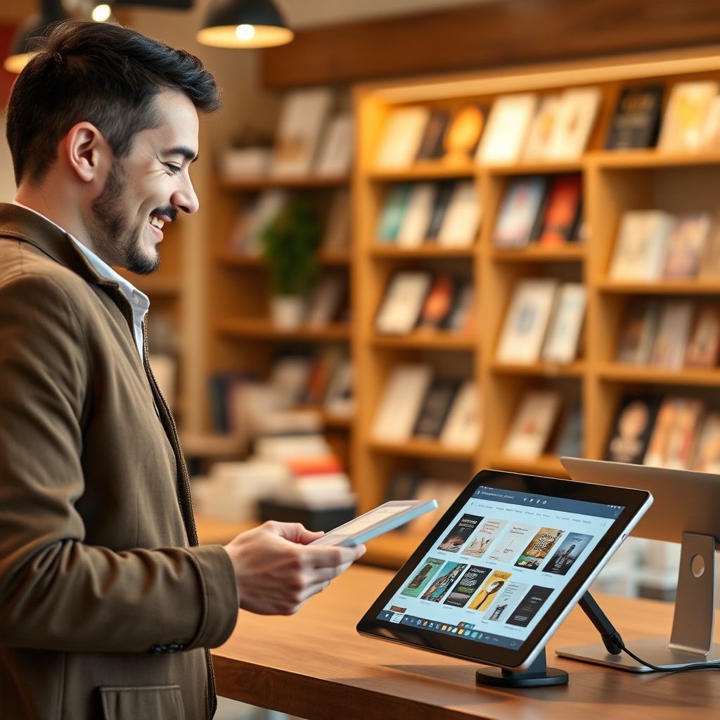 A friendly customer service agent assisting a customer in finding the perfect ebook. Showcase the interaction with a tablet or computer screen displaying the ebook store. Warm and welcoming atmosphere. 4k resolution