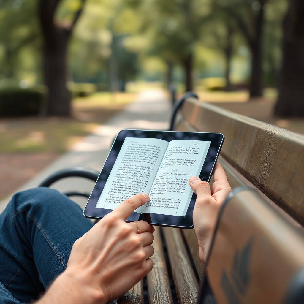A person sitting comfortably on a park bench, holding a tablet with a book open on the screen. The scene emphasizes the freedom of reading anywhere. Natural light should illuminate the person and the tablet. The background shows a blurred park scene, suggesting relaxation and escape. 4k resolution