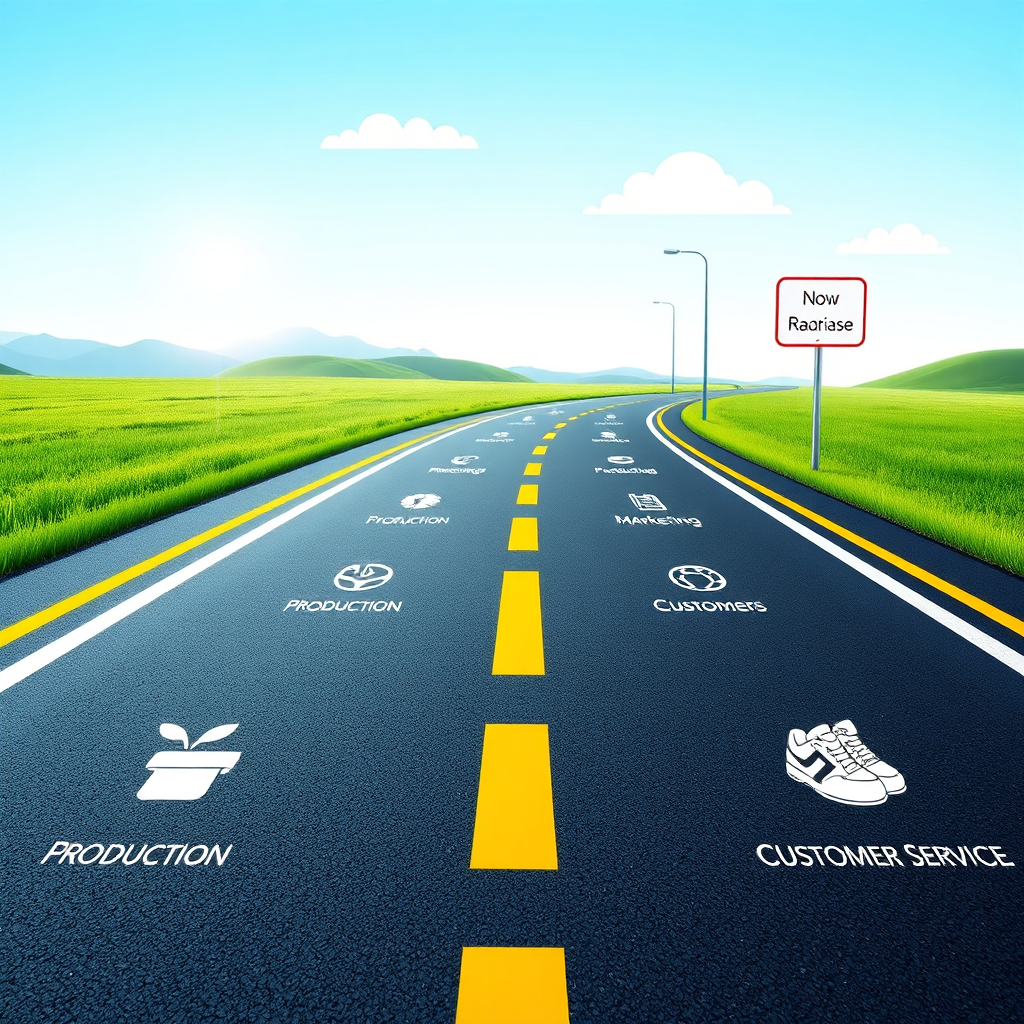 A photorealistic image showcasing a roadmap leading to a successful shoe store opening. The roadmap is clearly defined with milestones representing key steps in the franchise process. Along the road, there are icons depicting different aspects, like production, marketing, and customer service. The lighting is bright and optimistic, symbolizing the path to success. The color palette is vibrant and encouraging, with greens and blues dominating the scene. The camera angle is a slightly low, wide shot to capture the entire roadmap and its various elements. Include texture details in the road surface and the surrounding landscape. The overall style is clean and professional, conveying a sense of guidance and support.