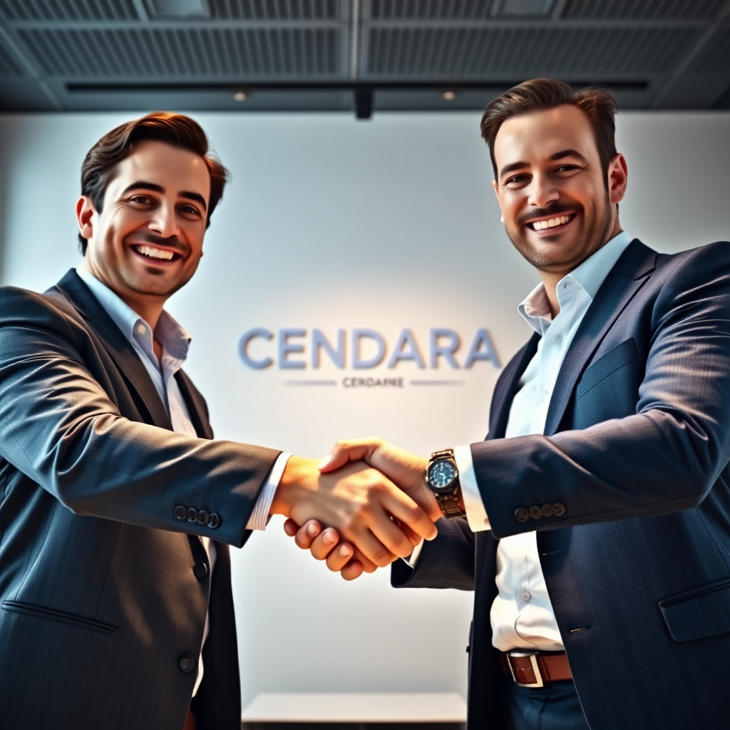 A photorealistic image showcasing a handshake between two business partners in a modern office setting. The partners are smiling and appear confident, symbolizing a strong and trustworthy partnership. The background subtly displays the CENDARA logo and branding elements. The lighting is warm and professional, creating a sense of trust and collaboration. The color palette is neutral and inviting, with blues and grays dominating the scene. The camera angle is a medium shot to capture the faces and body language of the partners. Include texture details in the hands and the clothing. The overall style is corporate and professional, conveying a sense of reliability and support.
