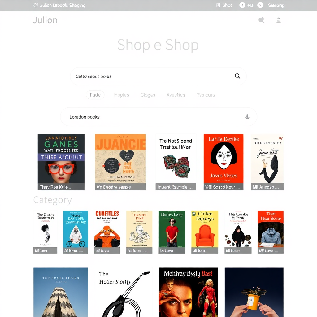 A screenshot of the Julion ebook shop interface, clean and intuitive. The focus should be on the search bar and clear category navigation. Use a bright and modern color palette. 4k resolution