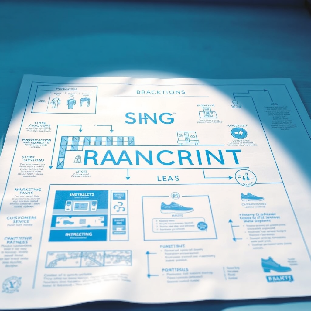 A stylized image depicting a blueprint of a successful shoe franchise concept. The blueprint features various elements such as store layout, production process, marketing strategy, and customer service protocols. The lighting is bright and clear, highlighting the structure and clarity of the concept. The color palette is professional and organized, with blues and greens dominating the scene. The camera angle is a slightly elevated, wide shot to capture the entire blueprint. Include texture details in the paper and the architectural elements. The overall style is informative and helpful, conveying a sense of a well-planned and reliable business model.