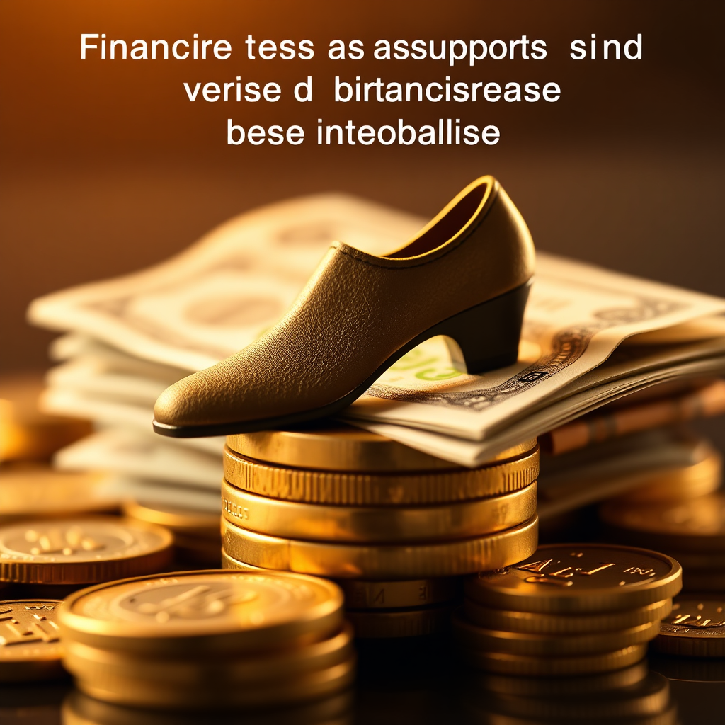 A stylized image showcasing financial support and funding opportunities for shoe franchise businesses. The scene depicts a stack of coins and bills with a shoe silhouette subtly embossed on them. The lighting is golden and warm, symbolizing wealth and prosperity. The color palette is predominantly gold and green, representing money and growth. The camera angle is a close-up shot to capture the details of the coins and bills. Include texture details in the money and the shoe silhouette. The overall style is elegant and trustworthy, conveying a sense of financial stability and opportunity.