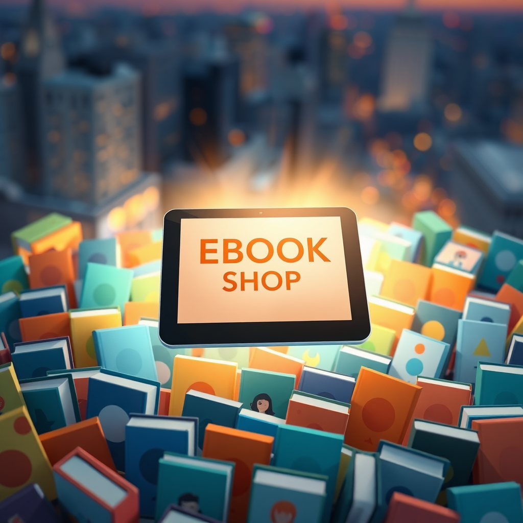 A stylized yet realistic image representing JULION Jutta Arntz's Ebook Shop. Envision a vibrant, modern tablet floating amidst a sea of abstract, colorful book covers. Each cover is uniquely designed, representing different genres and themes. Light emanates from the tablet's screen, casting a soft, inviting glow on the surrounding book covers. The background is a blurred cityscape at dusk, symbolizing accessibility and convenience. The overall color palette is bright and cheerful, with a focus on blues, greens, oranges, and yellows. The camera angle is slightly above, providing a bird's-eye view of the scene. The image should convey a sense of excitement, discovery, and the boundless possibilities of digital reading. Style: a blend of flat design and subtle 3D rendering. 4K resolution, high-quality rendering.