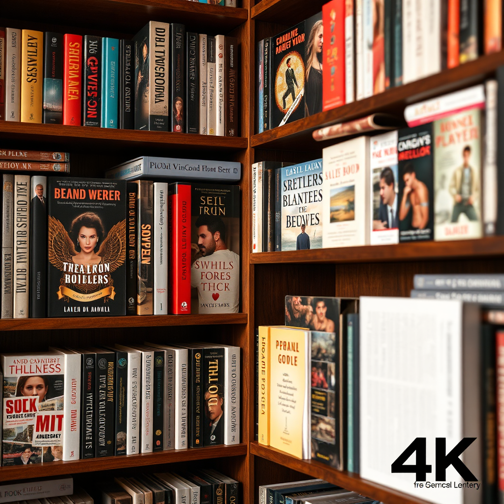 A visually diverse bookshelf filled with ebooks of various genres: thrillers, romance, sci-fi, etc. Showcase the variety using different cover designs and colors. Warm lighting to create an inviting atmosphere. 4k resolution