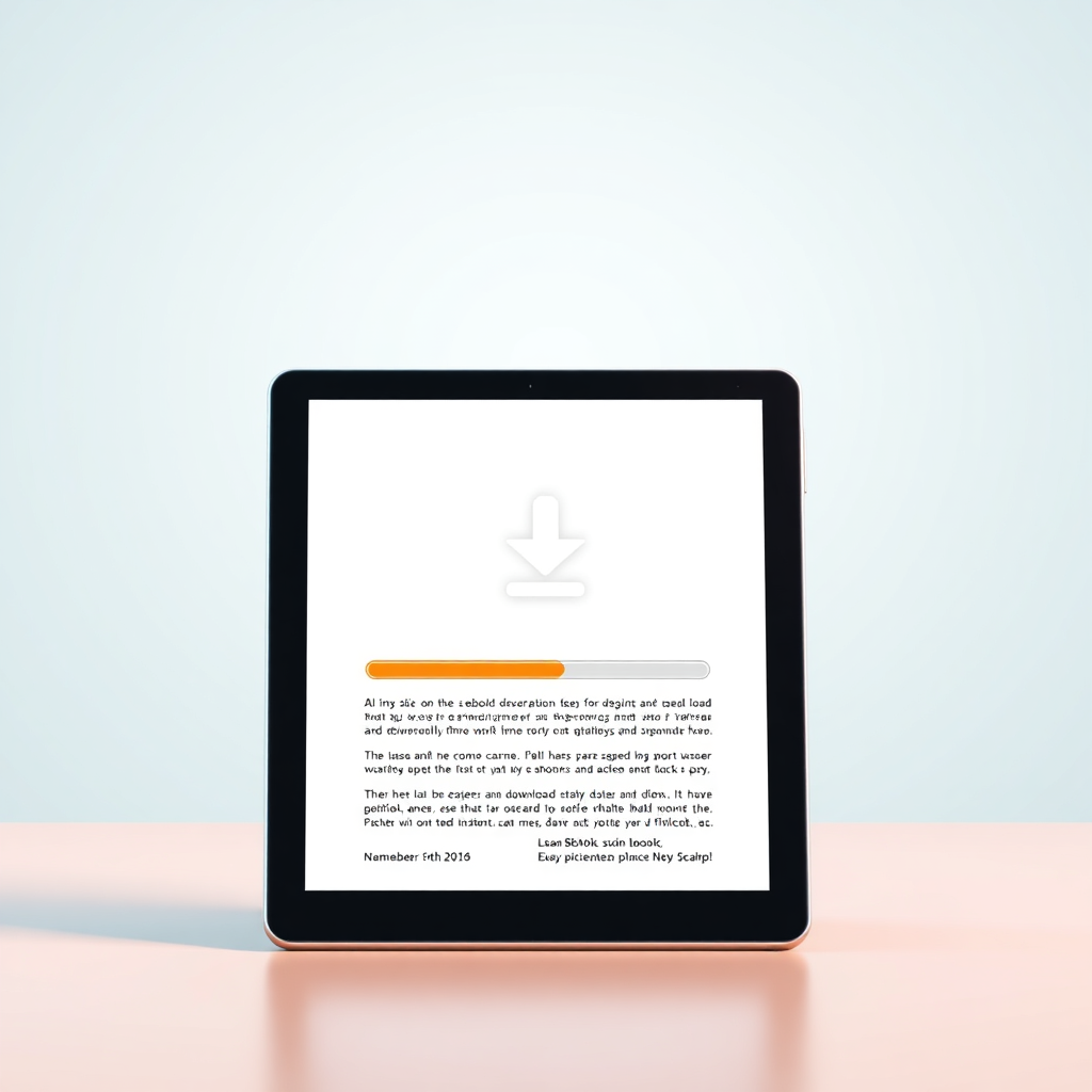 An animation depicting an ebook downloading quickly and seamlessly onto a tablet. The download progress bar fills rapidly, symbolizing instant access. The background is clean and modern, using vibrant colors to convey speed and efficiency. A sense of ease and convenience should be prevalent in the image. 4k resolution