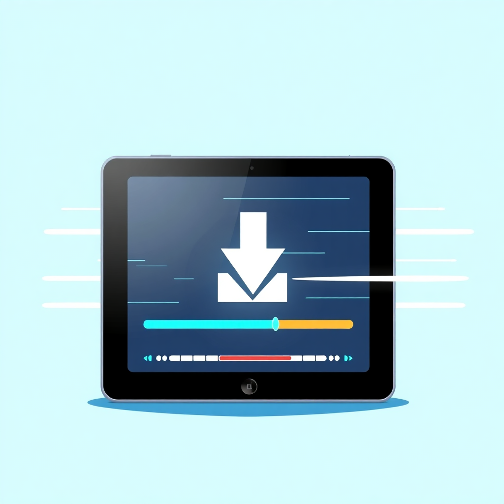 An illustration showing a fast download process of an ebook onto a tablet. The animation includes speed lines and progress bars to emphasize speed. Clean, modern design with bright colors. 4k resolution