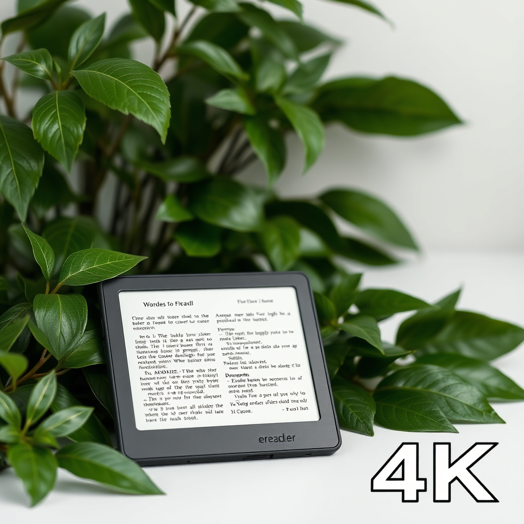 An image portraying an e-reader with a green, leafy background symbolizing environmental friendliness. The scene is clean and minimalist, with a focus on sustainability. 4k resolution