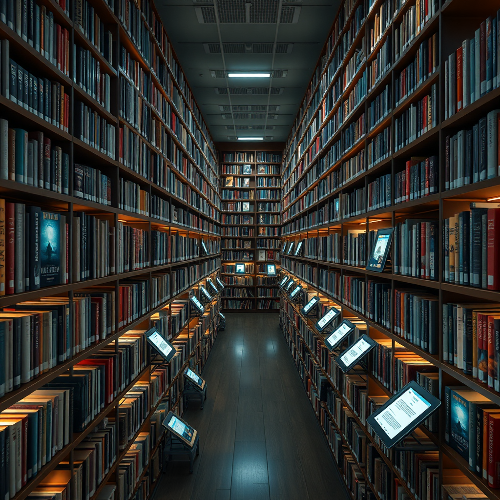 An image showcasing a vast library, but instead of physical books, the shelves are filled with glowing tablets and e-readers displaying various ebook covers. The library should appear endless, suggesting a limitless selection of ebooks. The lighting is soft and inviting, creating a warm and welcoming atmosphere. Focus on the diversity of the book covers to represent different genres. 4k resolution