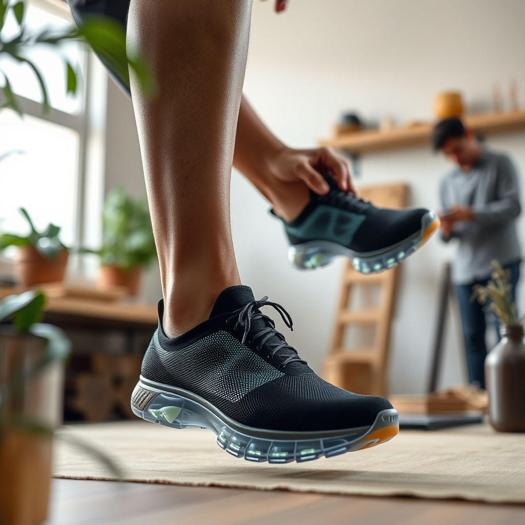 Create a photorealistic image representing CENDARA's mission: the revolution of footwear through sustainability, bio-activity, and individual customization. The image should convey innovation, natural elements, and personalization. The central subject could be a person interacting with a CENDARA shoe in a positive way, perhaps during a fitting or while experiencing its benefits. Compositionally, consider a blend of natural and technological elements. Soft, diffused lighting should emphasize the eco-friendly materials and the personalized fit. The color palette should be calming and natural, with highlights on technological advancements (e.g., subtle glows, clean lines). A medium shot would capture the human element while still showcasing the shoe. Pay close attention to texture details of the sustainable materials, the ergonomic design, and any bio-active integrations. The environment could be a modern, eco-conscious workshop or a serene natural setting. Possible props include plants, design tools, or subtly futuristic tech devices. Style references could include images from modern sustainable brands or ergonomic design firms. Technical specs: 4K resolution, high-quality rendering.