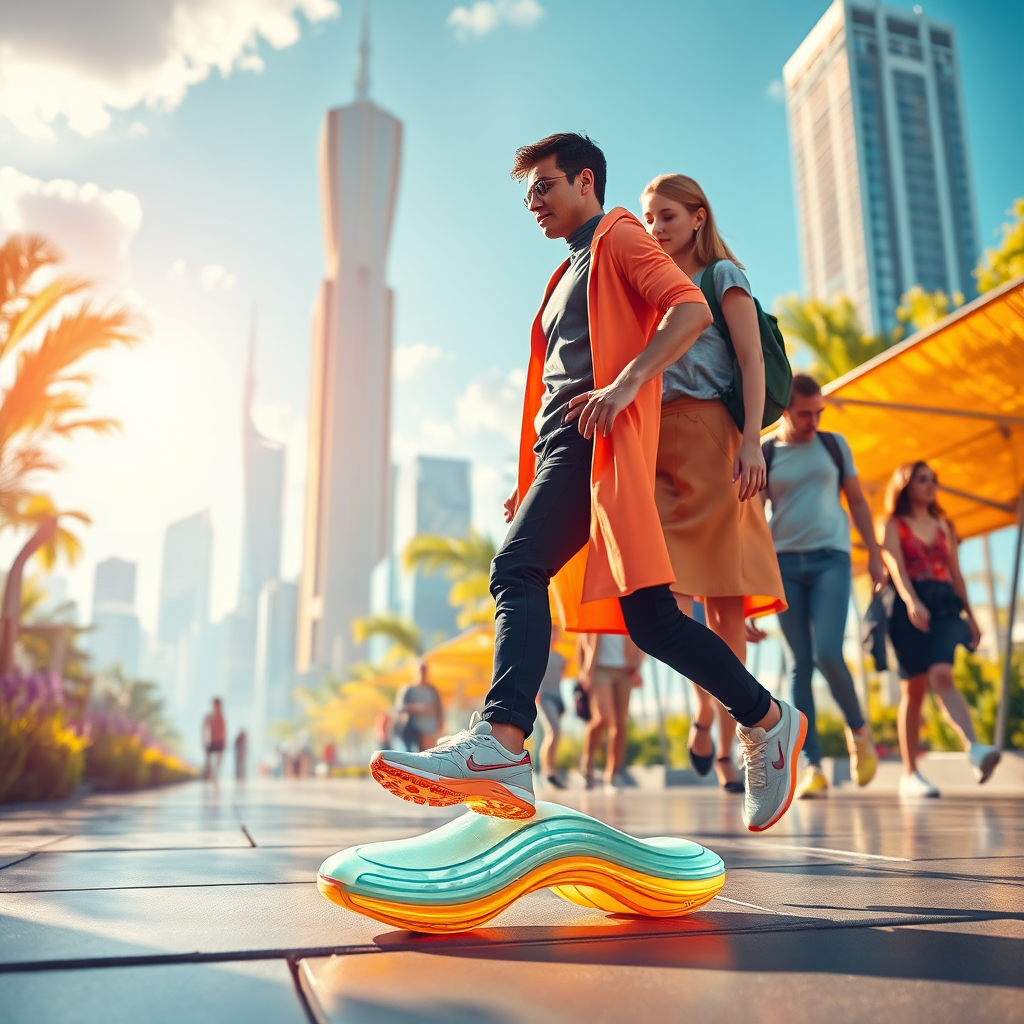 Create a visionary image representing the future of footwear with CENDARA. Depict people wearing advanced shoes in a sustainable urban environment. The image should be futuristic, optimistic, and inspiring, showcasing the potential of CENDARA's technology.