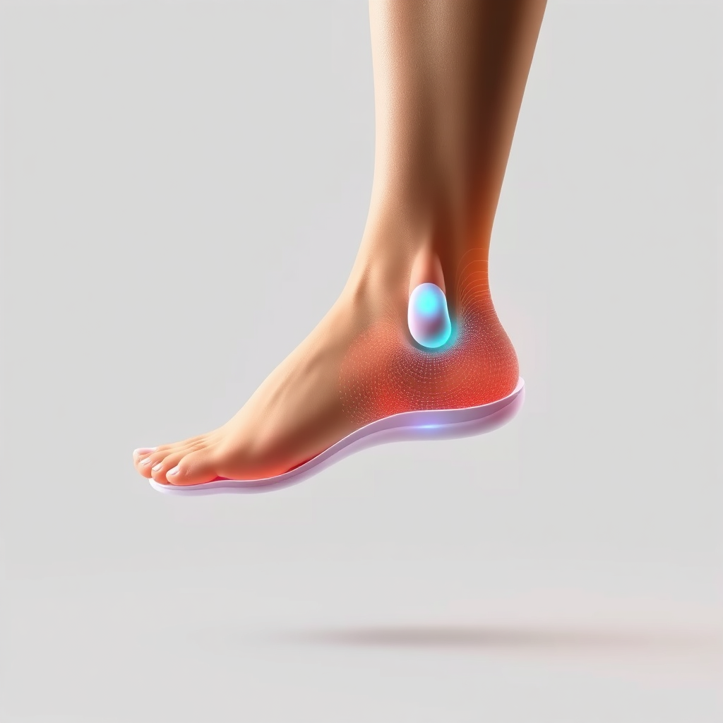 Create an abstract image representing the bio-active technology within CENDARA shoes. Visualize energy flow and support for the foot. Use soft, calming colors and a sense of innovation to convey the health benefits.