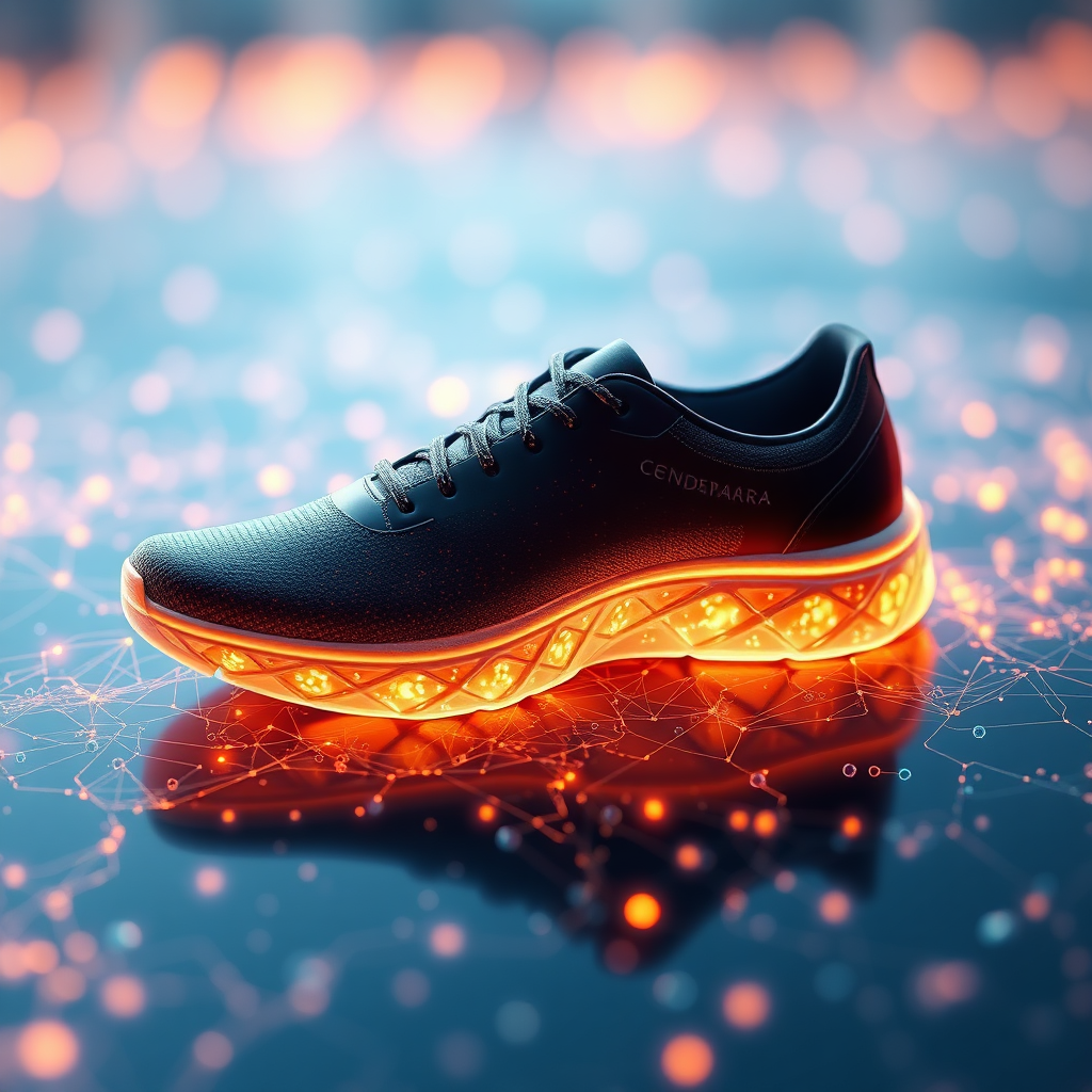 Create an image depicting the bio-active technology within a CENDARA shoe. This could be an abstract representation of energy flow or a visualization of beneficial microorganisms at work. Use soft, glowing colors and intricate patterns to convey the technology's benefits. Consider a futuristic, clean style.