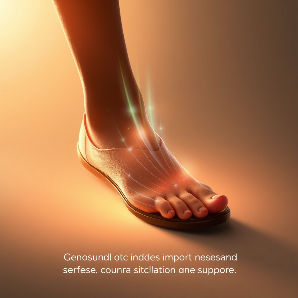 Create an image that subtly illustrates the health benefits of CENDARA shoes. Depict a foot inside the shoe, with gentle light or energy flow highlighting improved circulation and support. The image should be calming and reassuring, focusing on health and well-being.