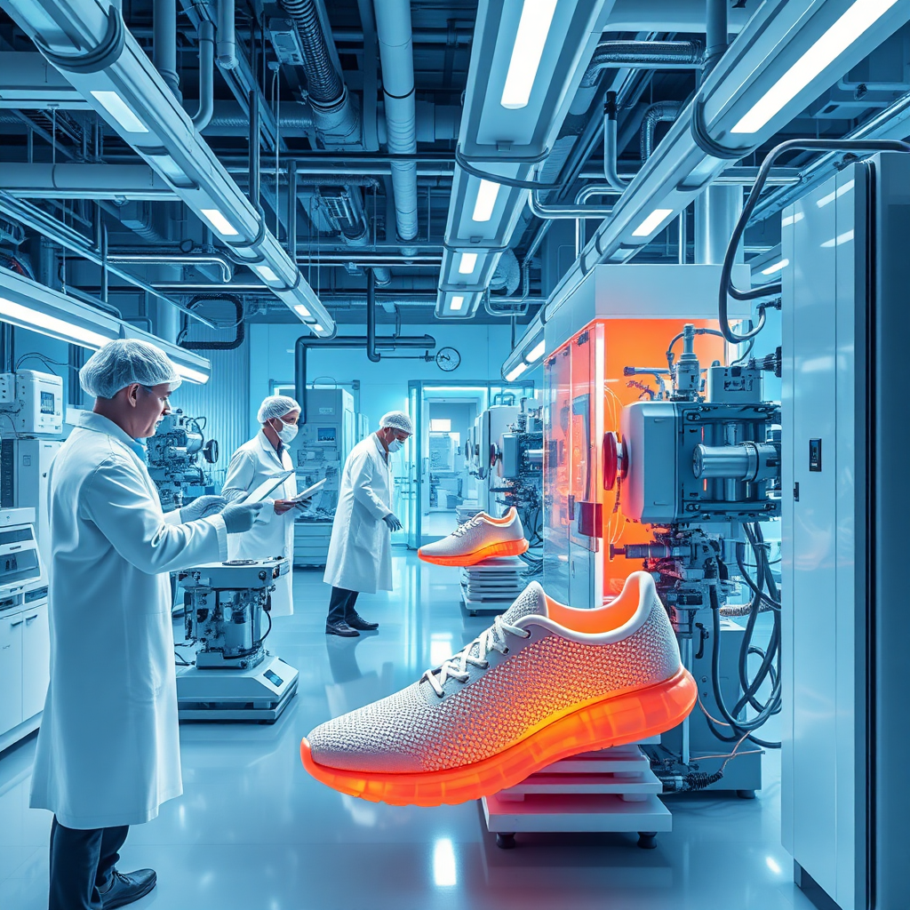 Depict a futuristic laboratory setting where scientists are developing innovative shoe materials. Show complex machinery and advanced technology. The image should be modern, clean, and slightly abstract, highlighting the cutting-edge research behind CENDARA.