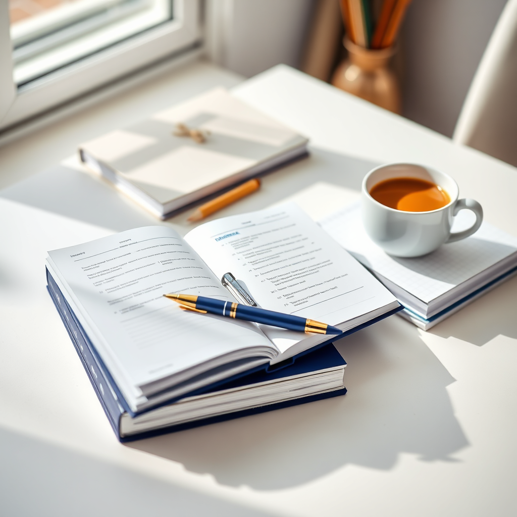 A serene workspace with books, a planner, and a cup of coffee, symbolizing financial planning and knowledge.