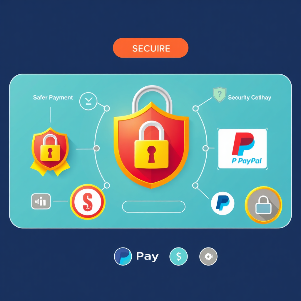 Illustrate a secure payment gateway interface, emphasizing safety and trust. Use padlock icons and security badges to convey the security aspects. A variety of payment options are visually represented, such as credit cards and PayPal icons. The color scheme should inspire confidence. 4k resolution
