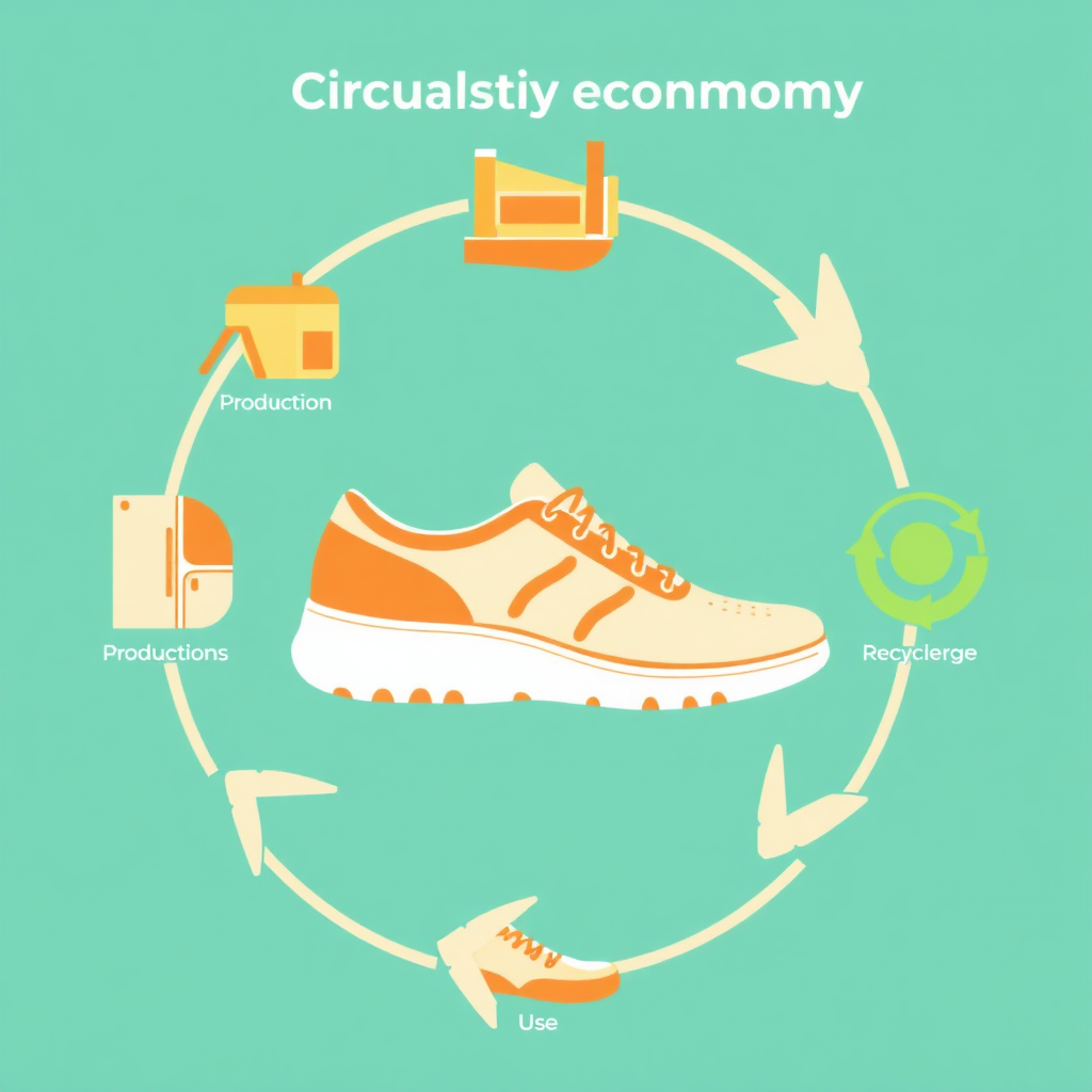 Show the lifecycle of a CENDARA shoe, emphasizing the circular economy. Depict the stages of production, use, and recycling, all interconnected in a continuous loop. Use a bright, optimistic color palette to convey sustainability and renewal. Style should be clean and infographic-like.
