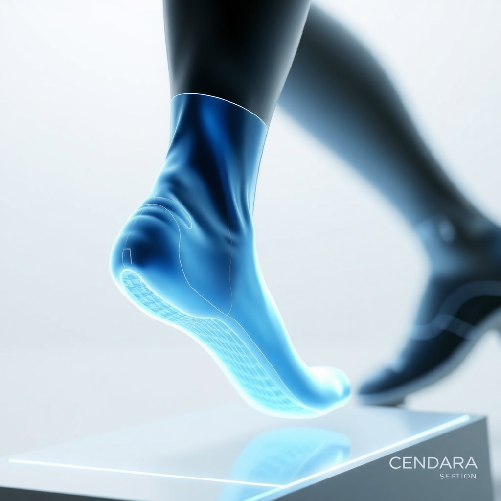 Visualize a 3D foot scan being used to create a custom-fitted CENDARA shoe. Showcase the technological precision and personalized fit. The image should be clean, modern, and slightly futuristic, highlighting the individual customization process. Focus on precision and technology.