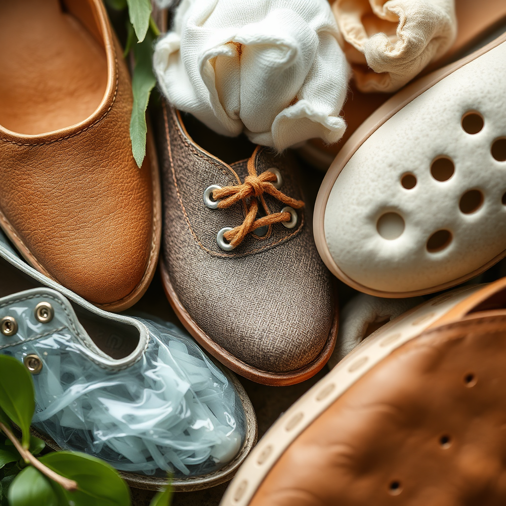 Visualize a close-up shot showcasing various sustainable shoe materials, such as recycled plastic, organic cotton, and plant-based leather alternatives. Focus on the texture and natural beauty of these materials. Lighting should be soft and natural, highlighting the eco-friendly aspect. The composition could arrange the materials in an artistic, abstract manner. Style should evoke natural textures, sustainable practices.