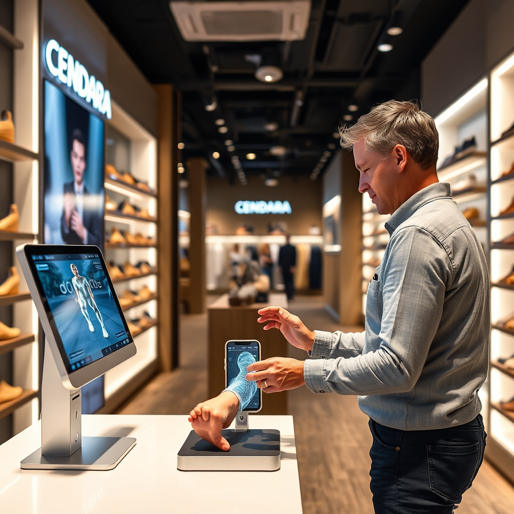 Visualize a customer getting their foot scanned in a modern CENDARA store. Focus on the technology and precision of the process. Emphasize the personal and customized nature of the service.